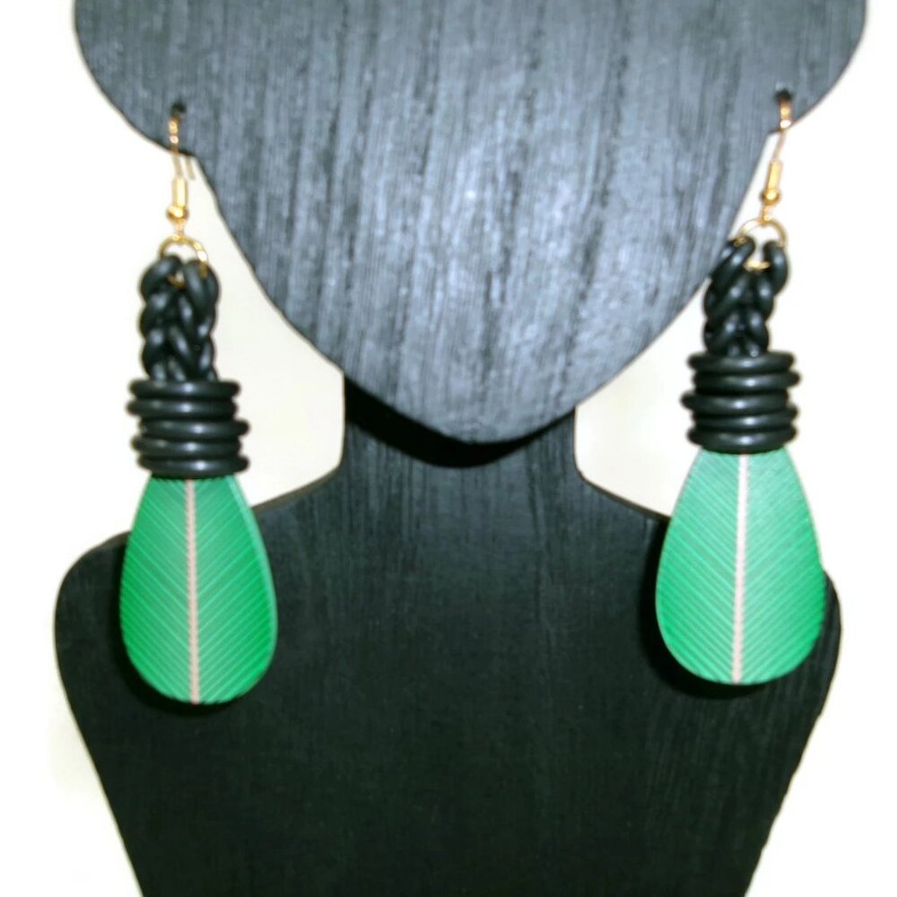 Womens Ear Candy Statement Drop Earrings  Long Green Black /Tan Unique Design